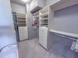 Spacious closet with light carpet