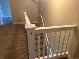 Staircase with carpet floors and baseboards