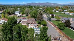 Aerial view of residential area with a mountainous background