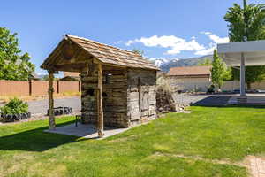 View of yard featuring a patio, a mountain view, and an outbuilding