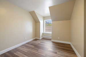 Additional living space featuring a baseboard heating unit, wood finished floors, vaulted ceiling, and baseboards