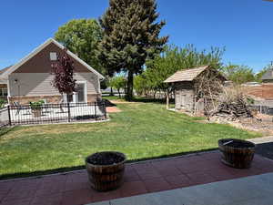 View of yard with a patio and an outdoor structure