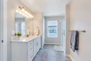 Master bath full bathroom with plenty of natural light, vanity, LVT floors, and a stall shower