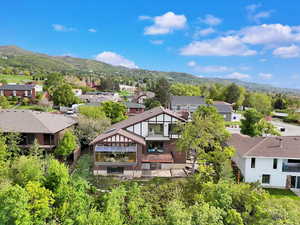Aerial perspective of suburban area featuring a mountainous background