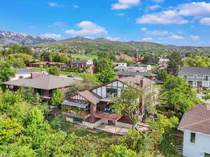 Aerial view of residential area with a mountainous background
