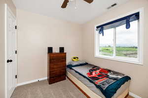 Bedroom with baseboards, carpet, and a ceiling fan