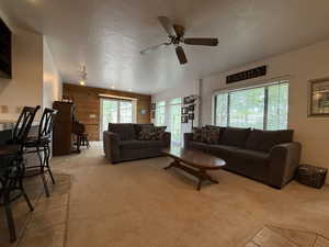 Carpeted living room with wood walls, ceiling fan, and a textured ceiling