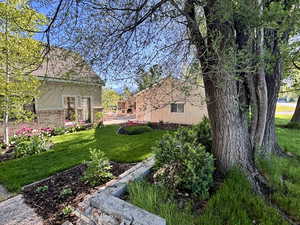 View of grassy yard featuring a patio area