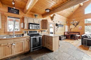 Kitchen with stainless steel appliances, a sink, a peninsula, a chandelier, and wood walls