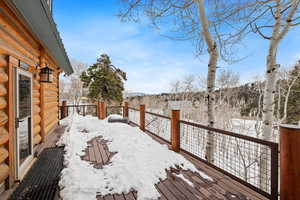 Yard layered in snow with a deck