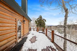 Yard covered in snow with a mountain view