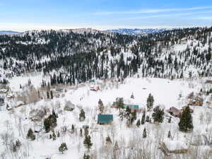 Snowy aerial view featuring a mountain view