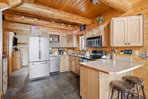 Kitchen featuring appliances with stainless steel finishes, a peninsula, light brown cabinets, wood ceiling, and wood walls