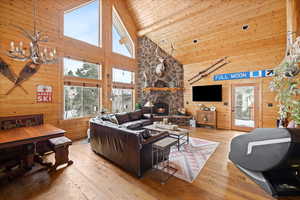 Living room with high vaulted ceiling, a chandelier, wood-type flooring, wood walls, and a stone fireplace