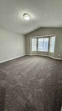 Spare room featuring lofted ceiling, baseboards, a textured ceiling, and dark colored carpet