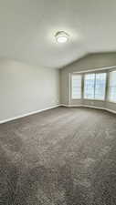 Empty room with vaulted ceiling, healthy amount of natural light, carpet floors, a textured ceiling, and baseboards