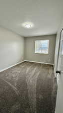 Spare room with a textured ceiling, carpet flooring, and baseboards