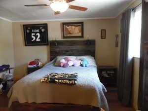 Bedroom with crown molding and ceiling fan