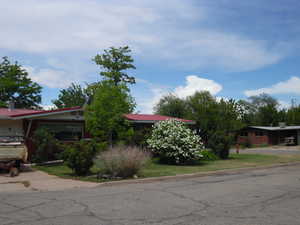 View of property hidden behind natural elements with metal roof