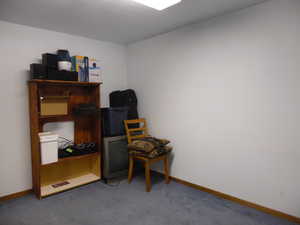 Carpeted home office featuring baseboards