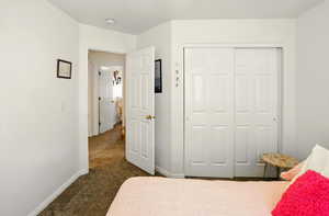 Bedroom featuring baseboards, a closet, and carpet
