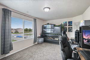 Home office with carpet flooring, a textured ceiling, and baseboards