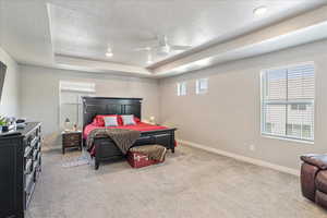 Bedroom featuring a textured ceiling, baseboards, light colored carpet, and recessed lighting