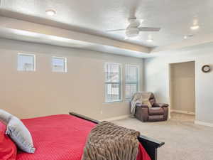 Bedroom featuring a textured ceiling, a tray ceiling, baseboards, carpet, and a ceiling fan