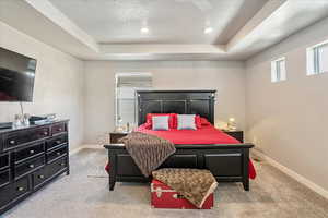Carpeted bedroom with a tray ceiling and baseboards
