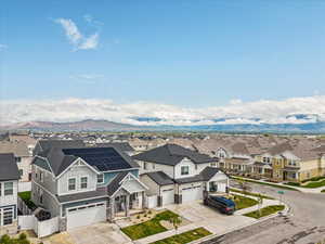 Aerial perspective of suburban area featuring mountains