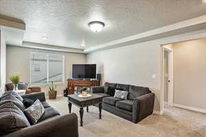 Living room with a textured ceiling, light carpet, baseboards, and a tray ceiling