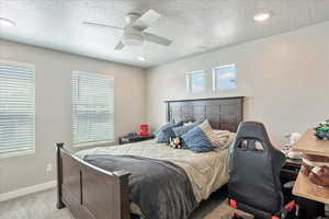 Carpeted bedroom with baseboards, multiple windows, a ceiling fan, and a textured ceiling