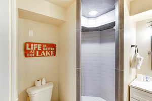 Bathroom featuring vanity, toilet, and a shower stall