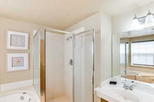 Full bathroom with a bath, a stall shower, and a sink