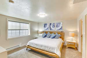 Bedroom featuring a textured ceiling, carpet, baseboards, and a baseboard heating unit