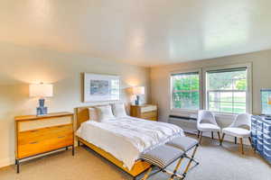 Carpeted bedroom featuring a wall unit AC