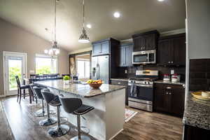Kitchen with stainless steel appliances, a sink, dark wood finished floors, decorative backsplash, and recessed lighting