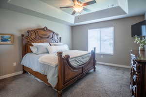 Bedroom with a tray ceiling, carpet flooring, baseboards, and a ceiling fan