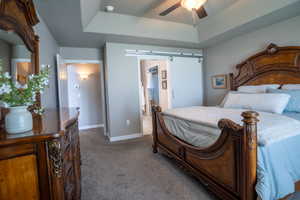 Bedroom with a raised ceiling, carpet floors, baseboards, and a barn door