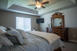 Carpeted bedroom with a raised ceiling, baseboards, and ceiling fan