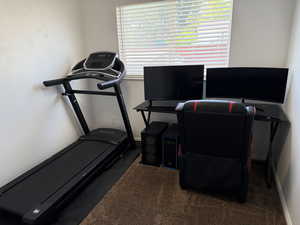 Workout room with carpet floors and baseboards