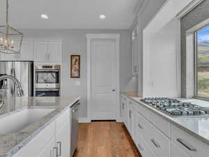 Kitchen featuring dark wood-style floors, recessed lighting, walk in pantry, appliances with stainless steel finishes, and a sink