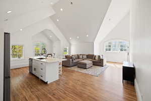 Separate apartment Living room featuring a wealth of natural light, wood finished floors, and high vaulted ceiling