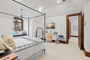 Bedroom featuring light colored carpet, visible vents, baseboards, and recessed lighting