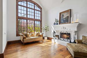 Living area featuring baseboards, high vaulted ceiling, and plenty of natural light