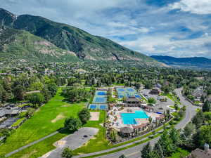 Drone / aerial view of a pool and mountains