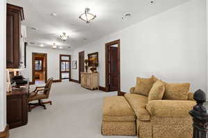 Living area featuring light carpet and baseboards