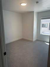 Spare room with carpet, a smoke detector, baseboards, and a textured ceiling