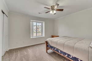 Carpeted bedroom with ornamental molding, baseboards, a closet, and ceiling fan