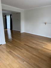 Spare room with light wood-style floors, baseboards, and crown molding